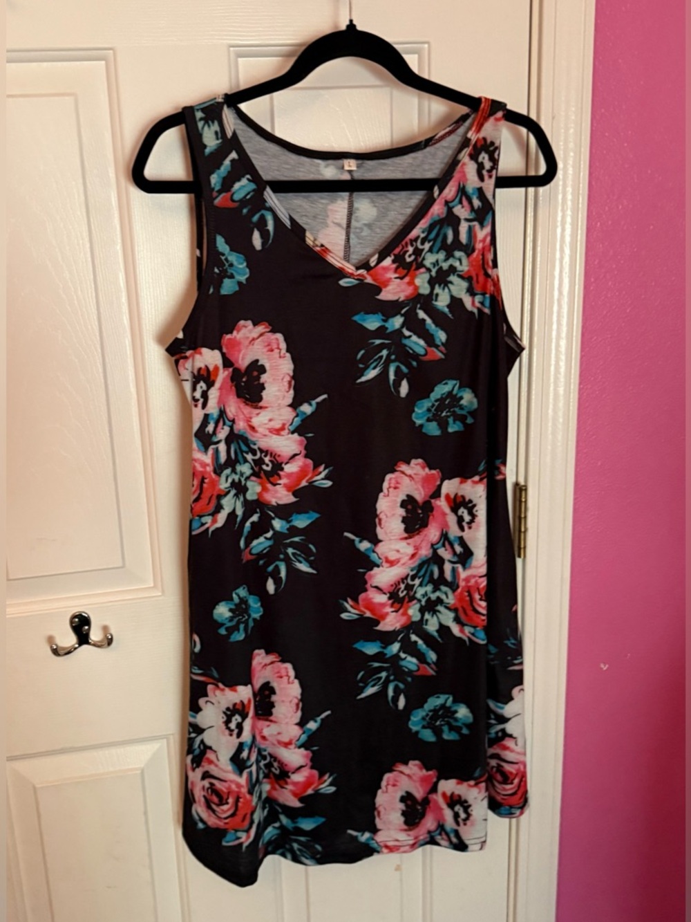 Black Floral V-Neck Sleeveless Dress with Coral & Teal Flowers